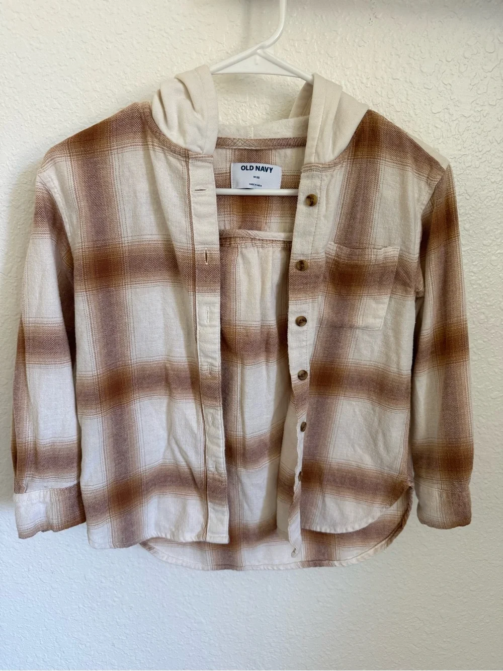 Old Navy Beige and Brown Plaid Hooded Button-Down Shirt